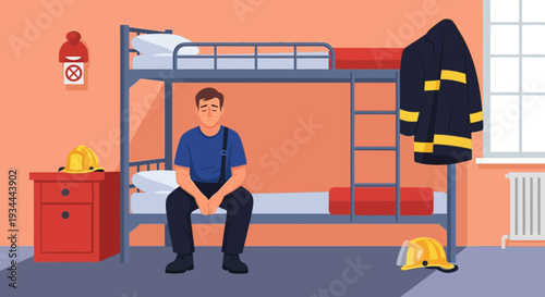 Firefighter resting in dormitory after duty.