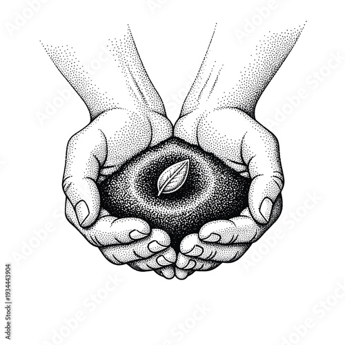 Hands cradling soil with a single green leaf sprouting, symbolizing growth and new beginnings