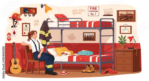 Firefighter resting in bunk room after shift.