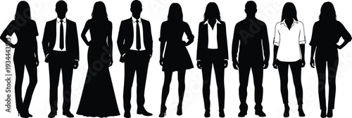 Diverse group of ten people silhouettes in casual and business attire standing in a row isolated on white background vector illustration,