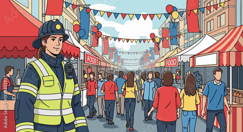 Firefighter standing guard at a bustling street fair.
