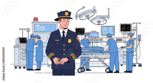 Firefighter standing in front of medical operating room scene.