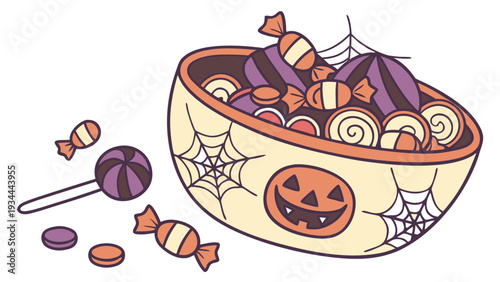 Halloween Candy in Pumpkin Bowl with Spider Webs in Vibrant Colors on White Background for Party Favors
