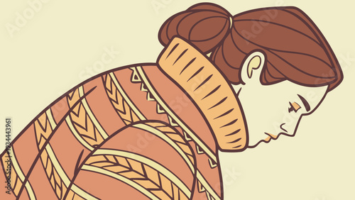 Woman in orange patterned sweater with brown hair in calm serene illustration for fashion design