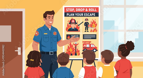 Firefighter teaching children about fire safety and escape plans.