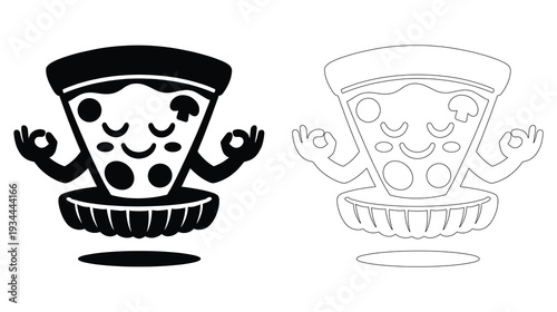 Meditating pizza slice character black silhouette and outline drawing