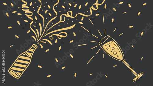Champagne Celebration in Elegant Gold Illustration with Confetti and Sparkling Effects on Dark Background for Party Invitation