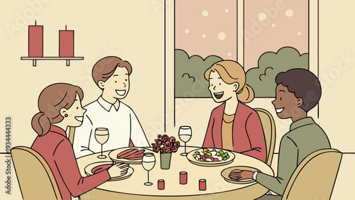 Family dinner gathering in cozy warm lighting with festive table setting for holiday celebration