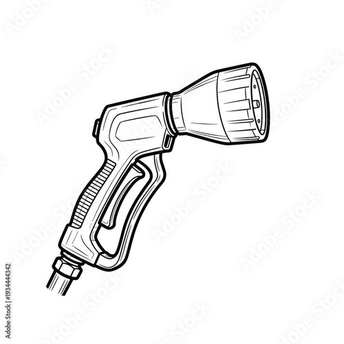 Line art illustration of a garden hose spray nozzle with adjustable spray settings