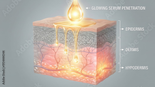 Cross-section shows skin with glowing serum penetrating through layers. Detailed view includes epidermis, dermis, and hypodermis. Concept of beauty, skincare, cosmetic science