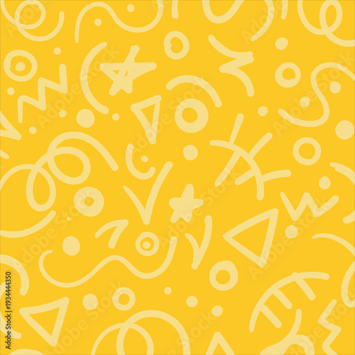 Fun colorful line doodle seamless pattern with white shapes on yellow background