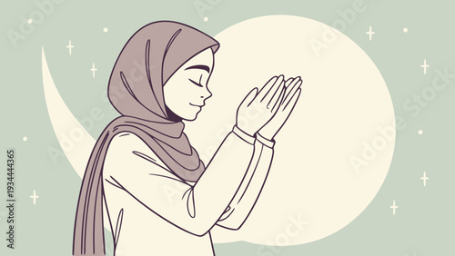 Woman in hijab praying in serene minimalist style with soft pastel colors and gentle lighting for spiritual illustration