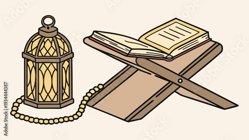 Quran and lantern in traditional Islamic style with warm golden lighting on wooden rehal for spiritual or cultural