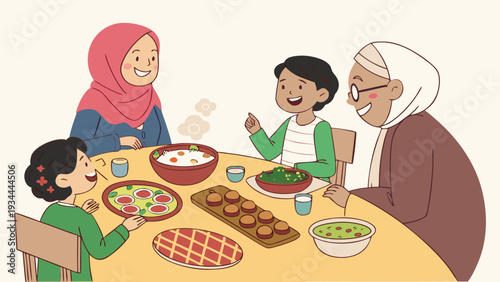Family Gathering Around the Table with Traditional Food in Vibrant Colors and Warm Lighting for Cultural Celebration