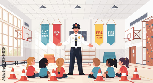 Firefighter teaching children safety in gymnasium.