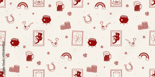 Vintage St. Patrick's Day Seamless Pattern with Irish Folklore Icons. Aesthetic Red Line Art St. Paddy's Day Pattern with Leprechaun and Luck Symbols.
