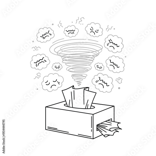 Cartoon tissue box with swirling storm clouds and sad faces representing illness