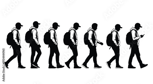 Eight people silhouettes walking in a row with backpacks and caps, side profile view of casual group on white background,