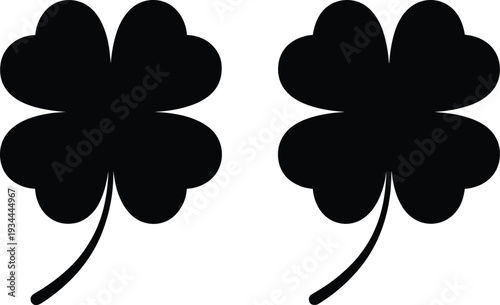 Four‑leaf clover silhouette icons set with black leaves, luck, fortune, Irish tradition, celebration, positivity