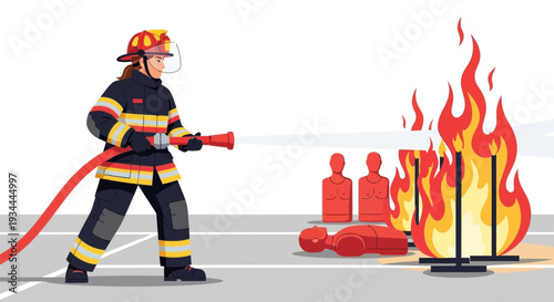 Firefighter training with hose and flames.