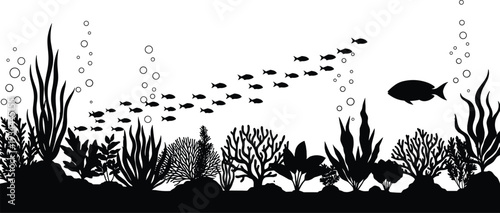 Underwater ocean scene silhouette with coral reef, seaweed and swimming fish isolated on white background, marine life illustration for aquarium and nautical design