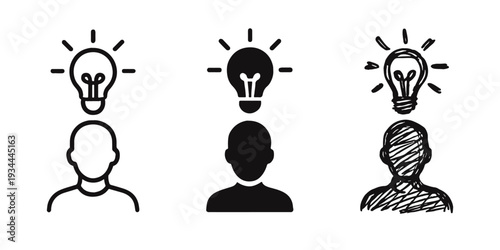 Person with Light Bulb Idea Icon Set in Outline, Solid, and Sketchy Styles