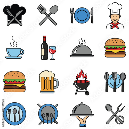 Restaurant food and dining icons chef utensils drinks and burgers