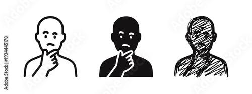 Pondering Person Icon Set in Outline, Solid, and Sketchy Styles