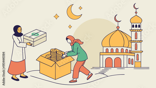 Charity Donation during Ramadan in Islamic Mosque Scene with People Delivering Food Boxes in Flat Design for Social Media Campaign