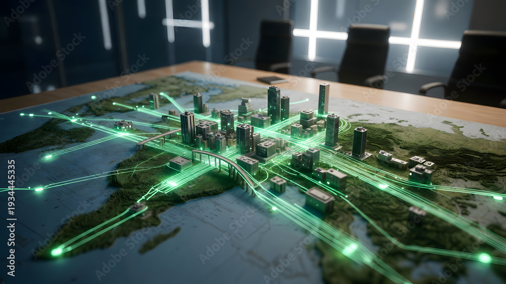 Obraz premium Smart city model with green connectivity lines across geographic terrain map
