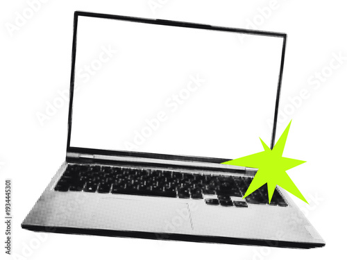 Modern laptop in halftone pop art style with neon green starburst accent Online promotion concept, digital marketing, technology announcement, web sale event. Retro vector illustration for collage