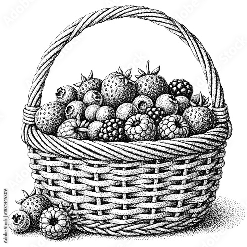 Intricate stipple illustration of a woven basket overflowing with fresh berries and fruits
