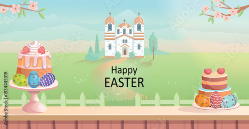 Easter cake and eggs on the background of the church. Vector illustration. Easter cake on the table. Easter banner with a cherry blossoms. Colored eggs lie hidden in the grass. Happy Easter.