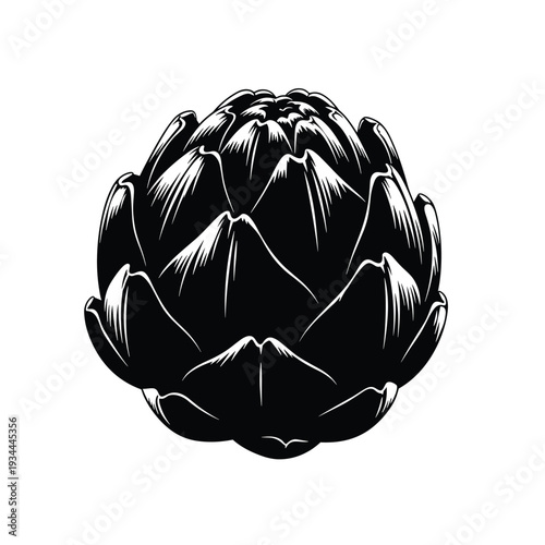 Stylized black and white illustration of a single artichoke on a white background