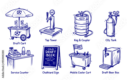 Mobile Beer Station Temporary Draft-Pouring Cart World Cup Soccer Championship Concession Vendor Beverage Service Vector Set