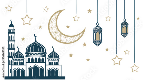 Mosque with Crescent Moon and Lanterns in Elegant Islamic Style with Gold and Blue Colors on White Background for Ramadan Greeting