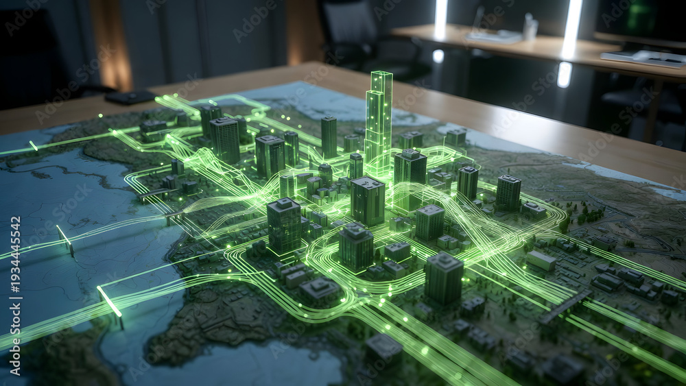Obraz premium Smart city model with green digital connectivity lines across urban landscape