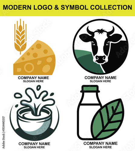 A modern collection of dairy and farm fresh food logos featuring milk, cheese, and cow symbols