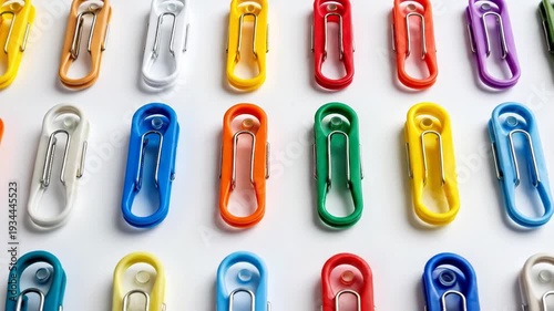 Colorful plastic clothespins arranged in neat rows against a clean white background, creating a vibrant pattern.