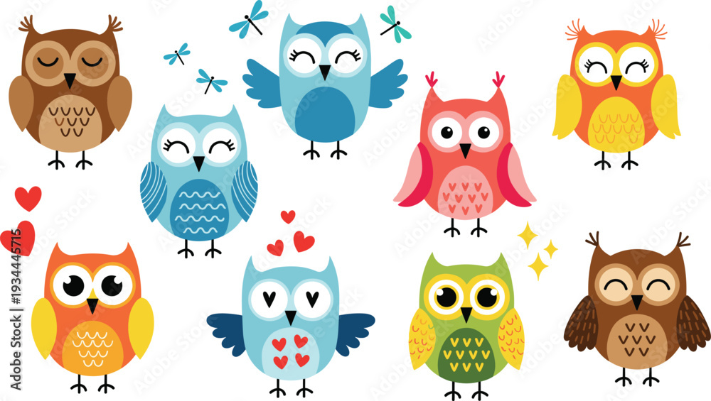 Fototapeta premium Cute colorful owl characters collection cartoon vector illustration set