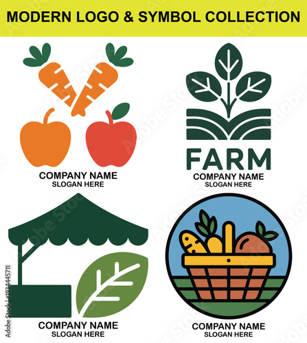 Modern Logo Collection with Organic Farm and Fresh Produce Symbols