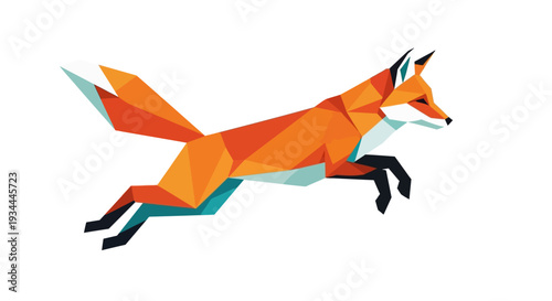 A dynamic illustration of a running fox composed of geometric shapes and vibrant colors in a modern art style, showcasing abstract representation.