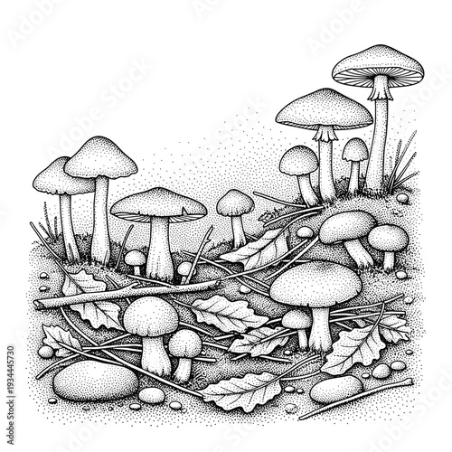 Detailed stippled illustration of various mushrooms growing amongst fallen leaves and twigs