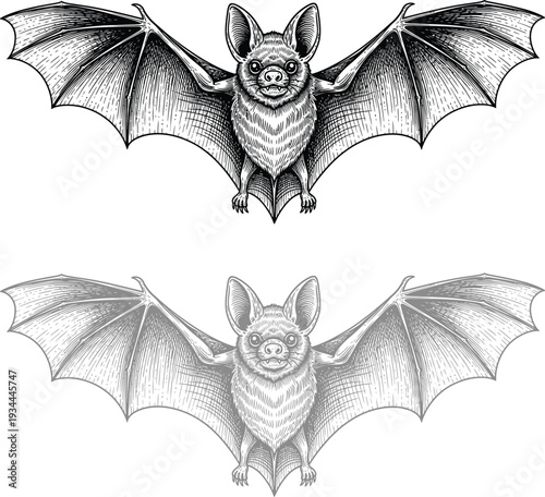 Set of black and white Halloween bat silhouettes in vector style illustration.