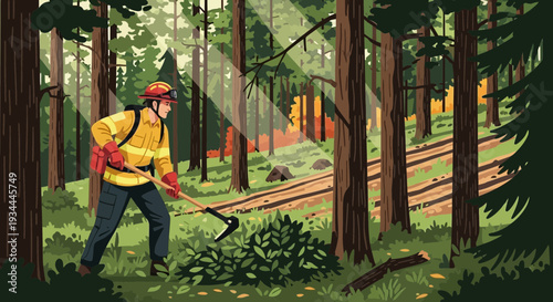 Forestry worker clearing brush with tools in forest.