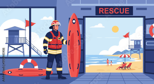 Lifeguard standing with rescue equipment on duty.