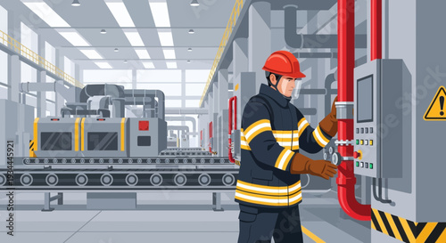 Industrial worker in safety gear operating machinery control panel.