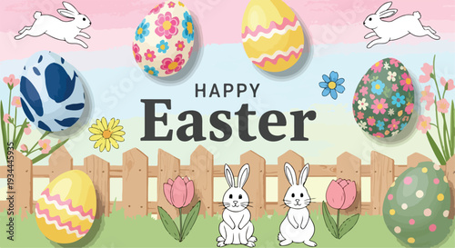 Happy Easter vector banner with colorful decorated eggs, cute bunnies, spring flowers, and wooden fence on a pastel background, perfect for holiday greetings and promotions