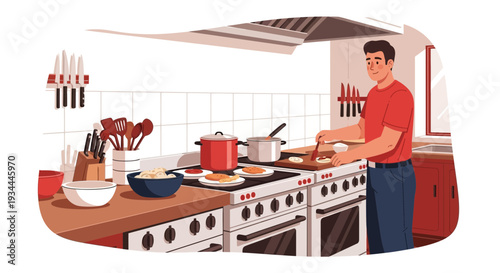 Man cooking pancakes on a stove in a kitchen.