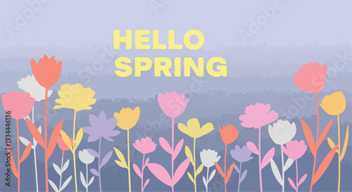 Hello Spring vector illustration with colorful pastel flowers and green stems on a soft purple gradient background, perfect for seasonal greetings, banners, and web design.